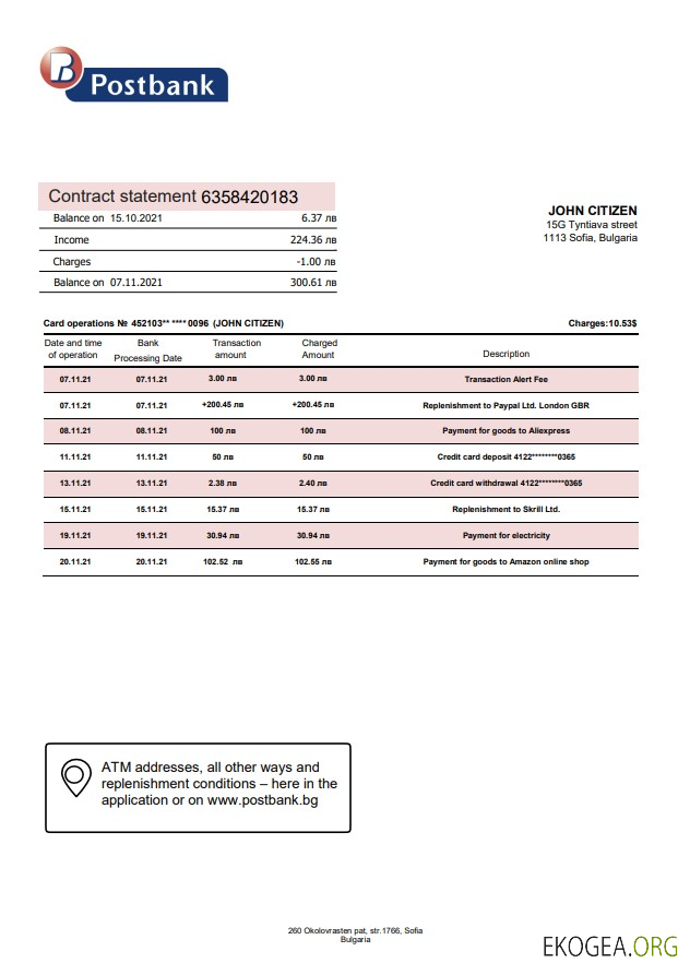 Relevé de la Postbank bulgare